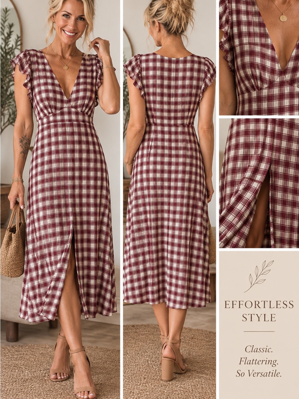 BB Dakota Burgundy and White Plaid Midi Dress